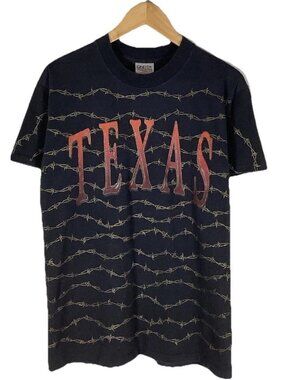 VTG 1990s Texas AOP Barbed Wire Western USA Black T Shirt United States Medium